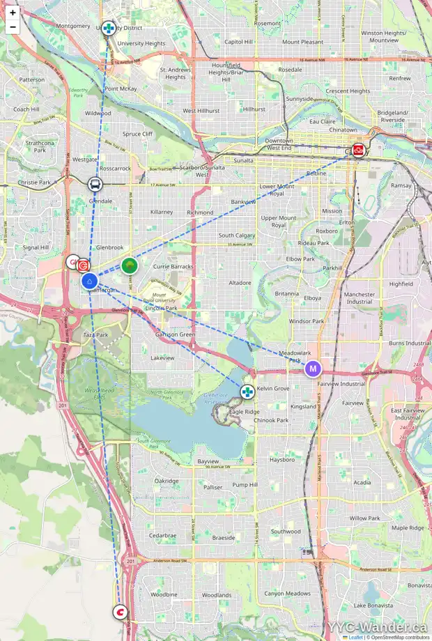 Daily accessibility map for 4831 41 AV SW, Calgary showing nearby schools, grocery stores, parks, LRT stations and nearby amenities