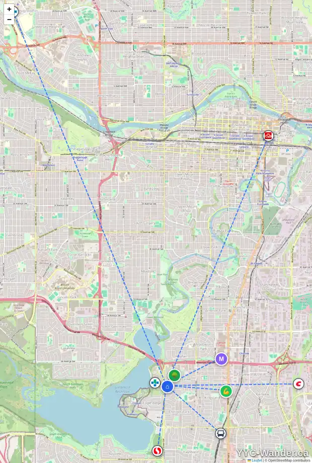 Daily accessibility map for 7308 KEW ST SW, Calgary showing nearby schools, grocery stores, parks, LRT stations and nearby amenities