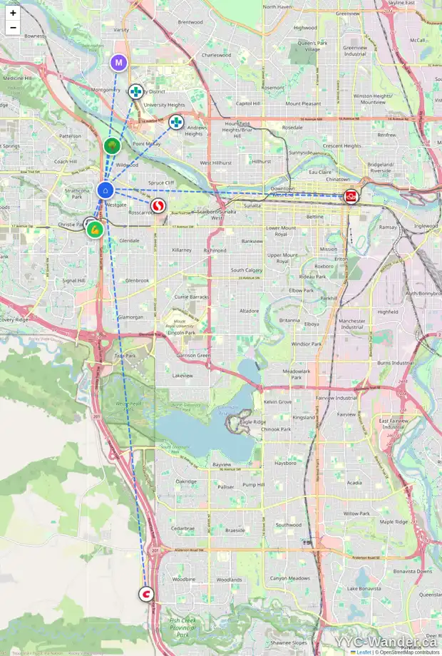 Daily accessibility map for 110 WINSTON DR SW, Calgary showing nearby schools, grocery stores, parks, LRT stations and nearby amenities