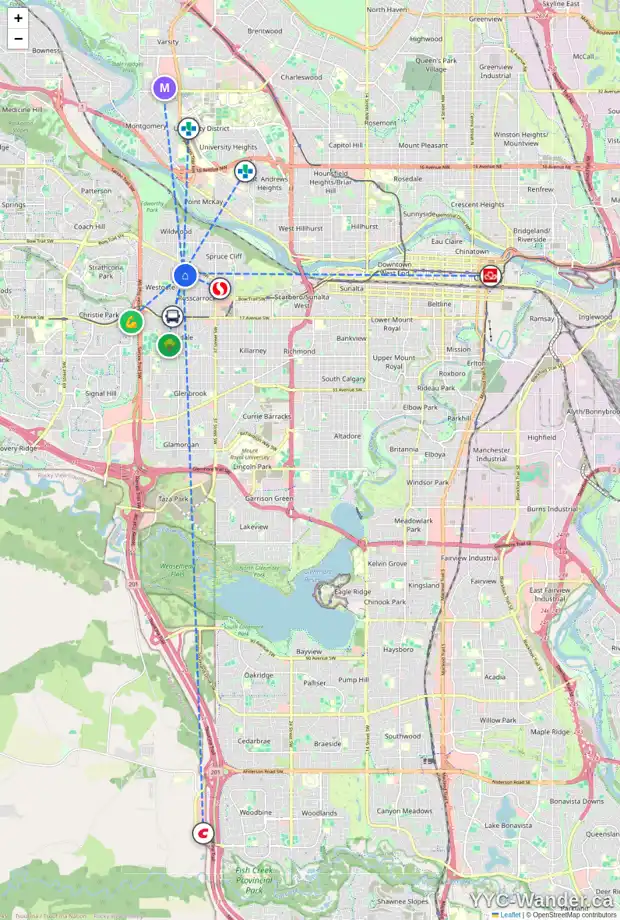 Daily accessibility map for 41 ROSSMERE RD SW, Calgary showing nearby schools, grocery stores, parks, LRT stations and nearby amenities
