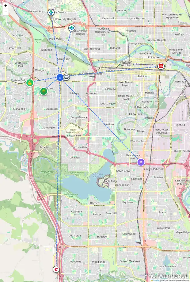 Daily accessibility map for 1436 38 ST SW, Calgary showing nearby schools, grocery stores, parks, LRT stations and nearby amenities