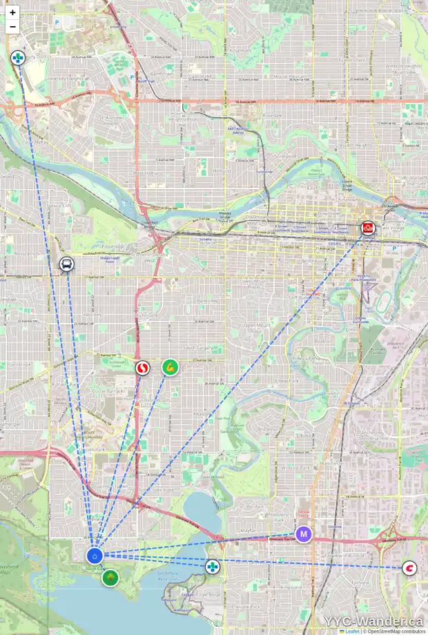 Daily accessibility map for 3058 LINDEN DR SW, Calgary showing nearby schools, grocery stores, parks, LRT stations and nearby amenities
