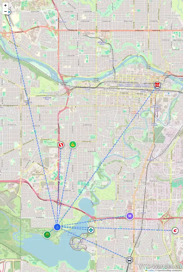 Daily accessibility map for 2529 LAURIER CO SW, Calgary showing nearby schools, grocery stores, parks, LRT stations and nearby amenities