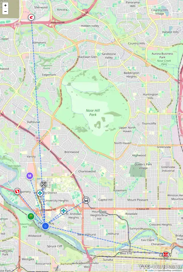 Daily accessibility map for 305 POINT MCKAY GD NW, Calgary showing nearby schools, grocery stores, parks, LRT stations and nearby amenities