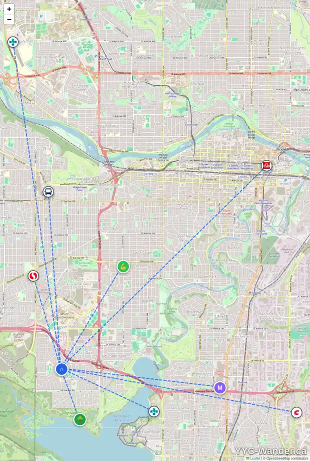 Daily accessibility map for 3448 LANE CR SW, Calgary showing nearby schools, grocery stores, parks, LRT stations and nearby amenities