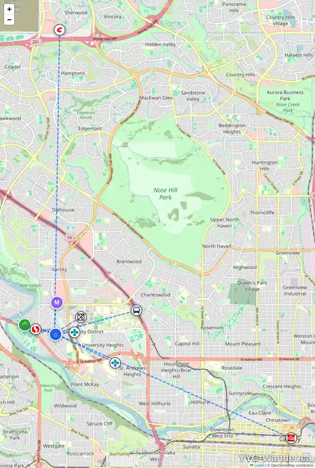 Daily accessibility map for 4640 20 AV NW, Calgary showing nearby schools, grocery stores, parks, LRT stations and nearby amenities