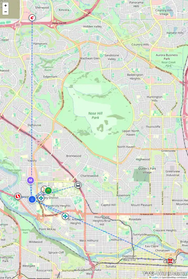 Daily accessibility map for 4620 21 AV NW, Calgary showing nearby schools, grocery stores, parks, LRT stations and nearby amenities