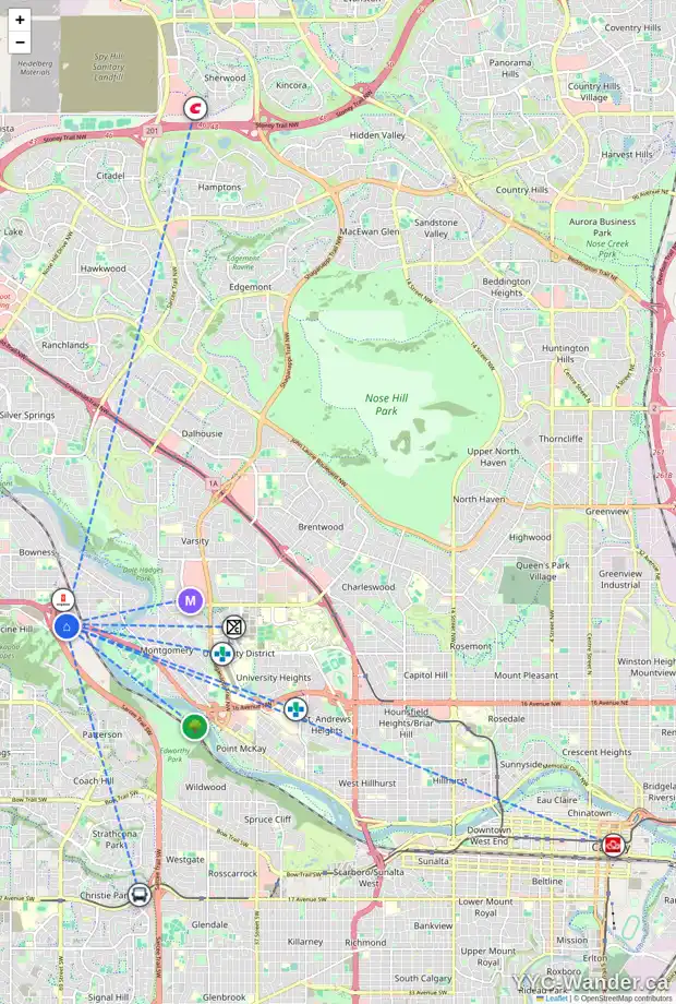 Daily accessibility map for 3036 69 ST NW, Calgary showing nearby schools, grocery stores, parks, LRT stations and nearby amenities