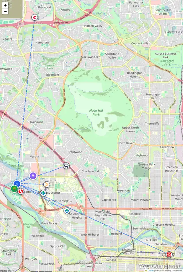 Daily accessibility map for 96 BOW LD NW, Calgary showing nearby schools, grocery stores, parks, LRT stations and nearby amenities