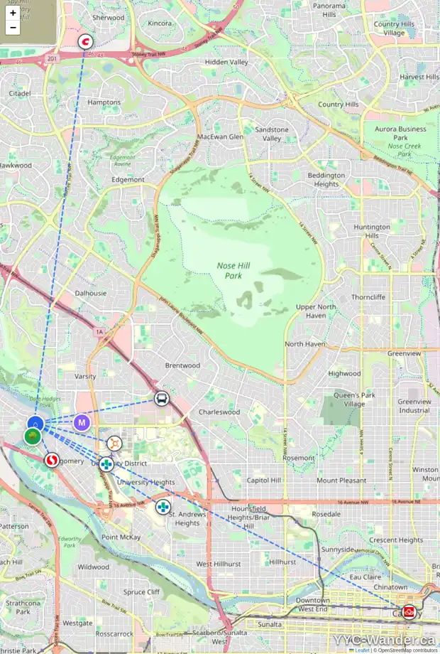 Daily accessibility map for 6009 33 AV NW, Calgary showing nearby schools, grocery stores, parks, LRT stations and nearby amenities