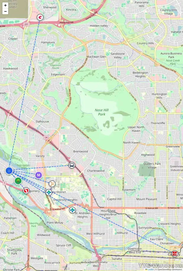 Daily accessibility map for 1 6304 BOWWOOD DR NW, Calgary showing nearby schools, grocery stores, parks, LRT stations and nearby amenities