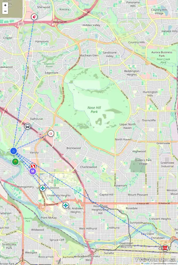 Daily accessibility map for 40 VARSITY PL NW, Calgary showing nearby schools, grocery stores, parks, LRT stations and nearby amenities