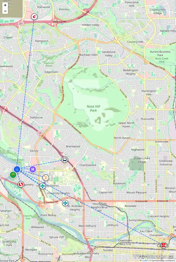 Daily accessibility map for 5907 BOW CR NW, Calgary showing nearby schools, grocery stores, parks, LRT stations and nearby amenities
