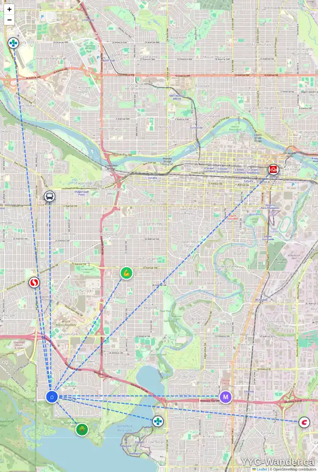 Daily accessibility map for 6611 34 ST SW, Calgary showing nearby schools, grocery stores, parks, LRT stations and nearby amenities