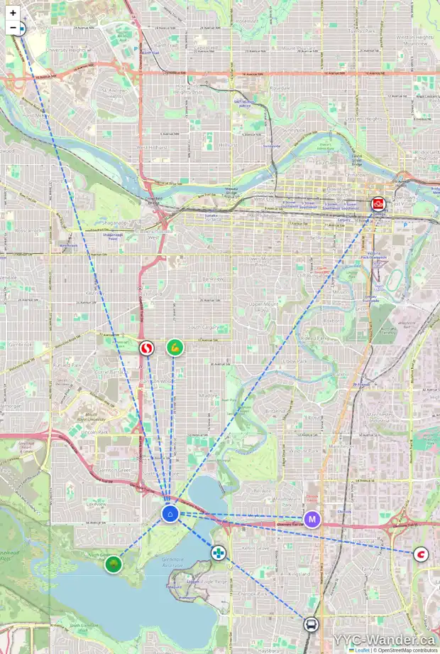 Daily accessibility map for 6447 LAURENTIAN WY SW, Calgary showing nearby schools, grocery stores, parks, LRT stations and nearby amenities