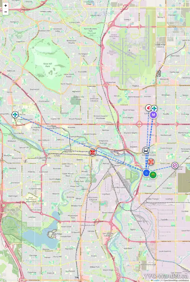 Daily accessibility map for 2526 26 ST SE, Calgary showing nearby schools, grocery stores, parks, LRT stations and nearby amenities