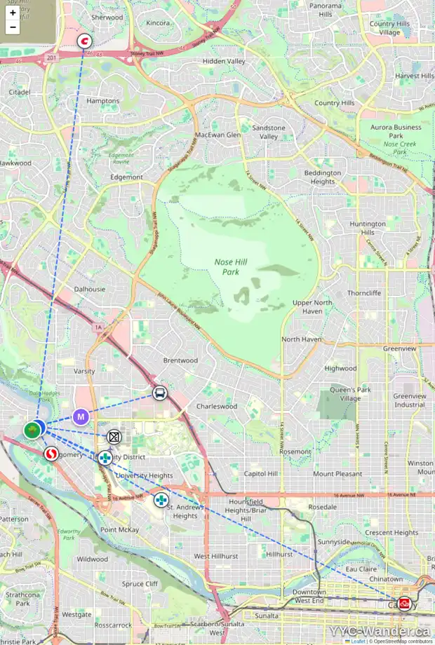 Daily accessibility map for 5836 BOW CR NW, Calgary showing nearby schools, grocery stores, parks, LRT stations and nearby amenities