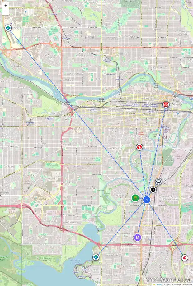 Daily accessibility map for 4715 STANLEY RD SW, Calgary showing nearby schools, grocery stores, parks, LRT stations and nearby amenities
