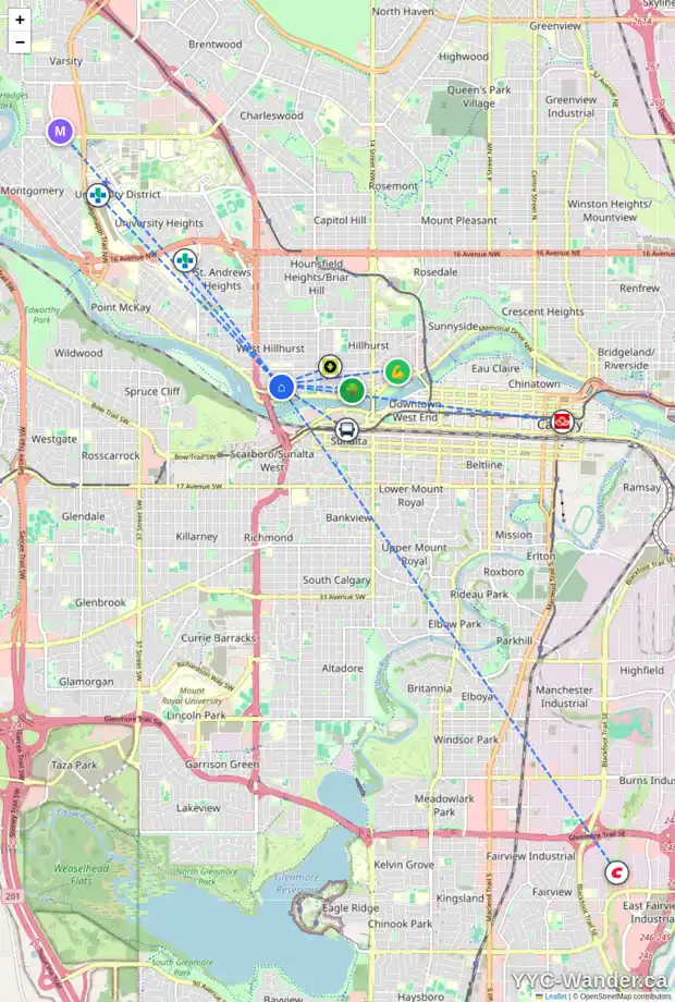 Daily accessibility map for 35 22 ST NW, Calgary showing nearby schools, grocery stores, parks, LRT stations and nearby amenities