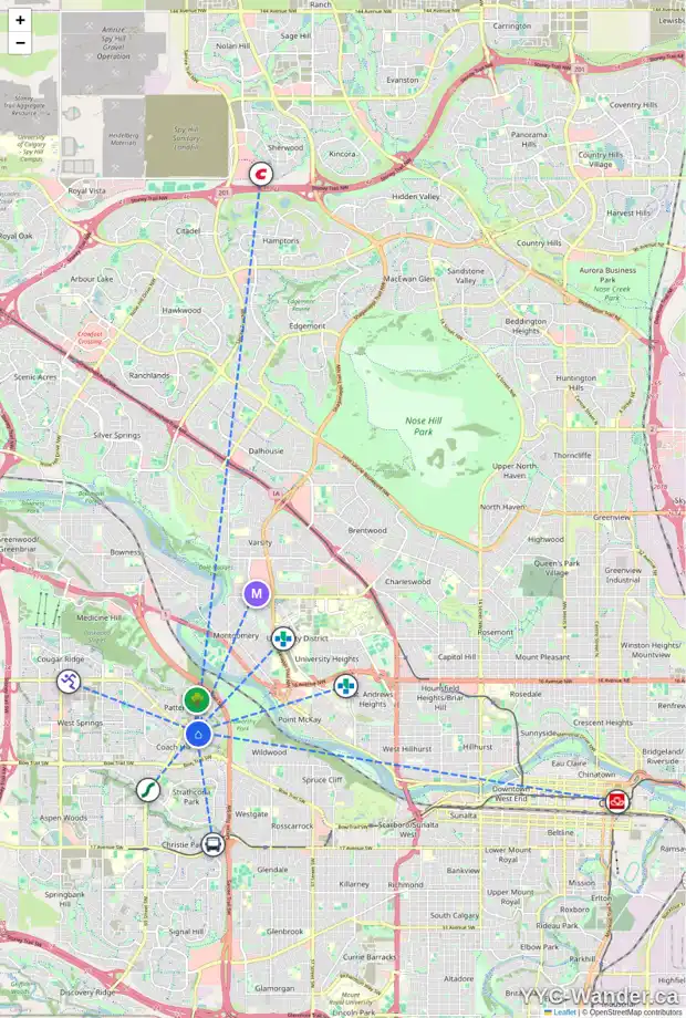 Daily accessibility map for 235 PROMINENCE HT SW, Calgary showing nearby schools, grocery stores, parks, LRT stations and nearby amenities