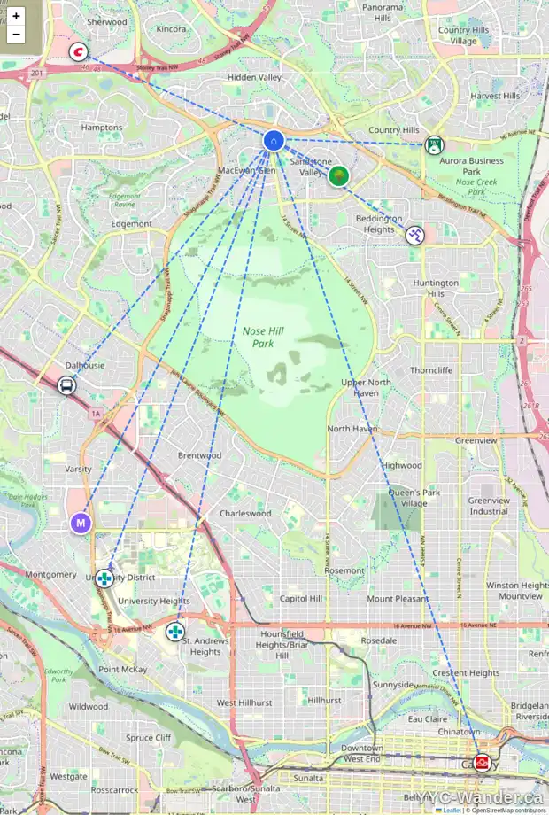 Daily accessibility map for 110 388 SANDARAC DR NW, Calgary showing nearby schools, grocery stores, parks, LRT stations and nearby amenities
