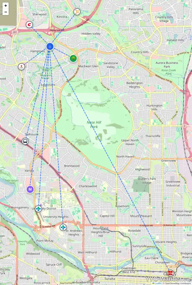 Daily accessibility map for 86 HAMPTONS LI NW, Calgary showing nearby schools, grocery stores, parks, LRT stations and nearby amenities