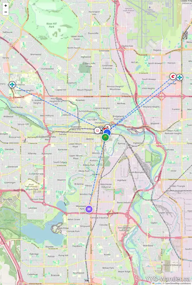 Daily accessibility map for 344 9 AV SE, Calgary showing nearby schools, grocery stores, parks, LRT stations and nearby amenities