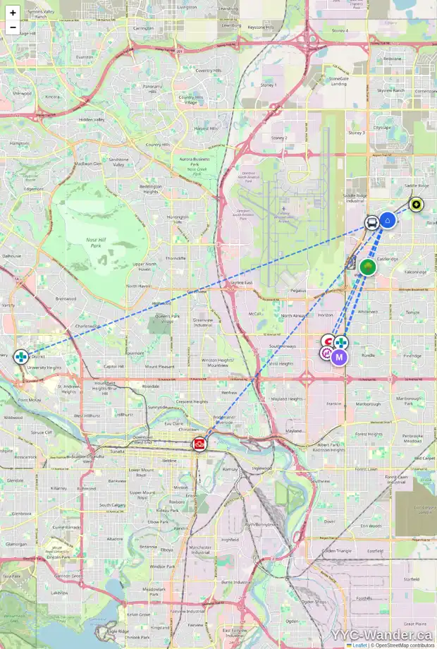 Daily accessibility map for 55 MARTIN CROSSING CL NE, Calgary showing nearby schools, grocery stores, parks, LRT stations and nearby amenities