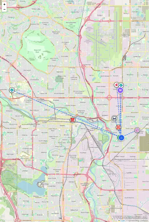 Daily accessibility map for 3603 27 AV SE, Calgary showing nearby schools, grocery stores, parks, LRT stations and nearby amenities