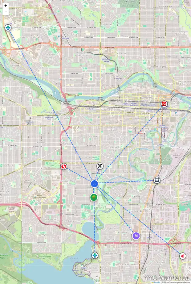 Daily accessibility map for 4220 15A ST SW, Calgary showing nearby schools, grocery stores, parks, LRT stations and nearby amenities
