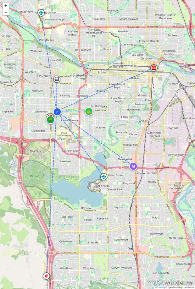 Daily accessibility map for 3420 34 AV SW, Calgary showing nearby schools, grocery stores, parks, LRT stations and nearby amenities