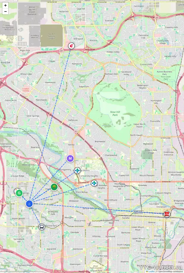 Daily accessibility map for 153 WENTWORTH PL SW, Calgary showing nearby schools, grocery stores, parks, LRT stations and nearby amenities