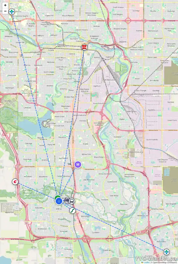 Daily accessibility map for 1384 SHAWNEE RD SW, Calgary showing nearby schools, grocery stores, parks, LRT stations and nearby amenities