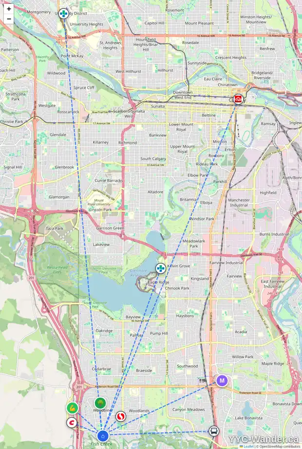 Daily accessibility map for 51 WOODHAVEN RD SW, Calgary showing nearby schools, grocery stores, parks, LRT stations and nearby amenities