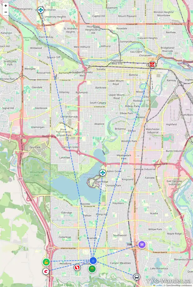 Daily accessibility map for 828 WOODPARK WY SW, Calgary showing nearby schools, grocery stores, parks, LRT stations and nearby amenities