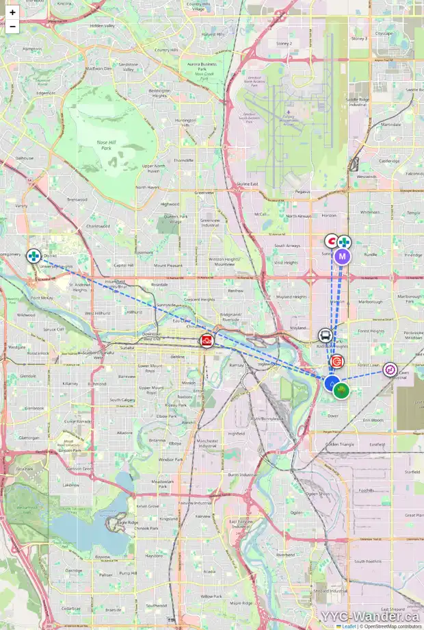 Daily accessibility map for 2050 33 ST SE, Calgary showing nearby schools, grocery stores, parks, LRT stations and nearby amenities