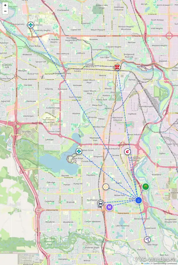 Daily accessibility map for 10747 MAPLESHIRE CR SE, Calgary showing nearby schools, grocery stores, parks, LRT stations and nearby amenities