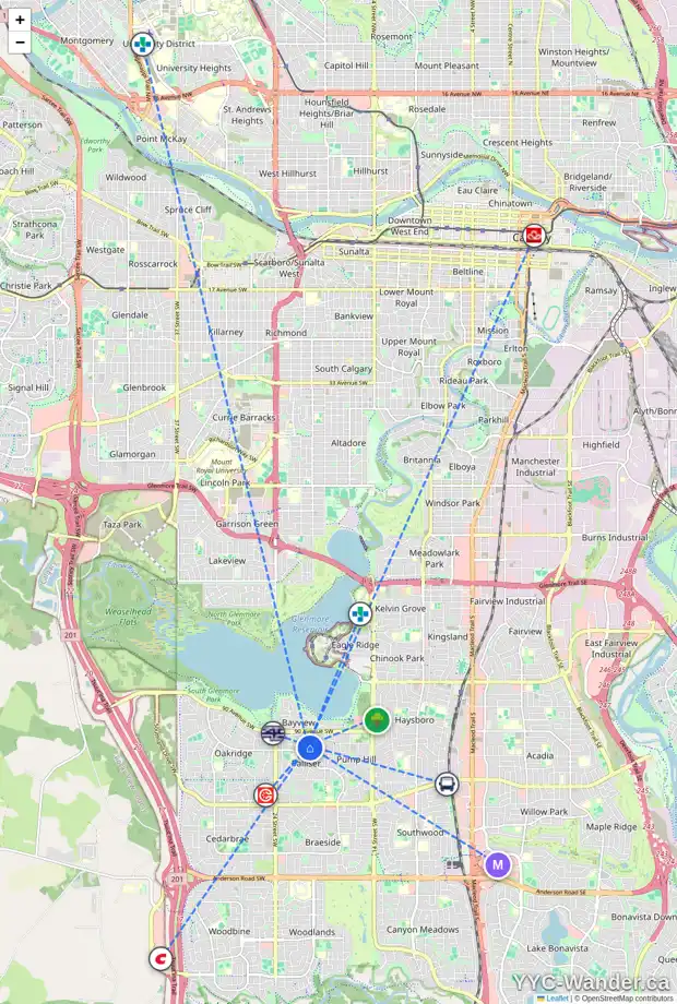 Daily accessibility map for 2139 PALISWOOD RD SW, Calgary showing nearby schools, grocery stores, parks, LRT stations and nearby amenities