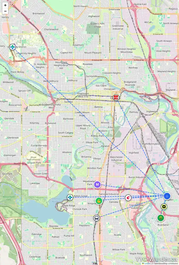 Daily accessibility map for 7003 20 ST SE, Calgary showing nearby schools, grocery stores, parks, LRT stations and nearby amenities