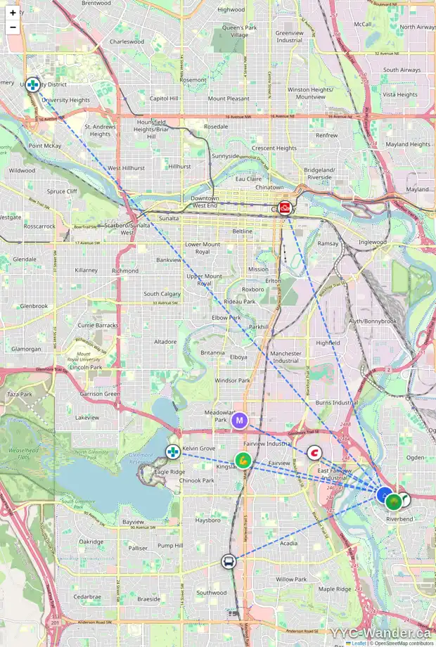 Daily accessibility map for 855 RIVERBEND DR SE, Calgary showing nearby schools, grocery stores, parks, LRT stations and nearby amenities