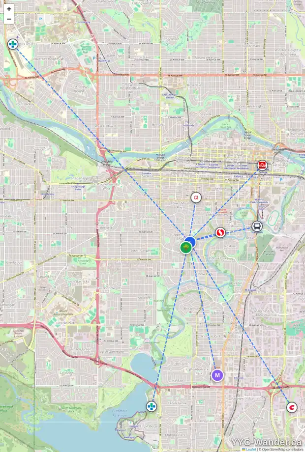 Daily accessibility map for 2714 MARQUETTE ST SW, Calgary showing nearby schools, grocery stores, parks, LRT stations and nearby amenities