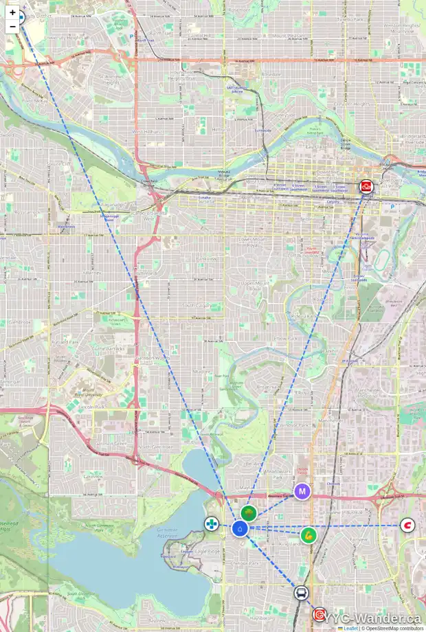 Daily accessibility map for 1228 KILLEARN AV SW, Calgary showing nearby schools, grocery stores, parks, LRT stations and nearby amenities