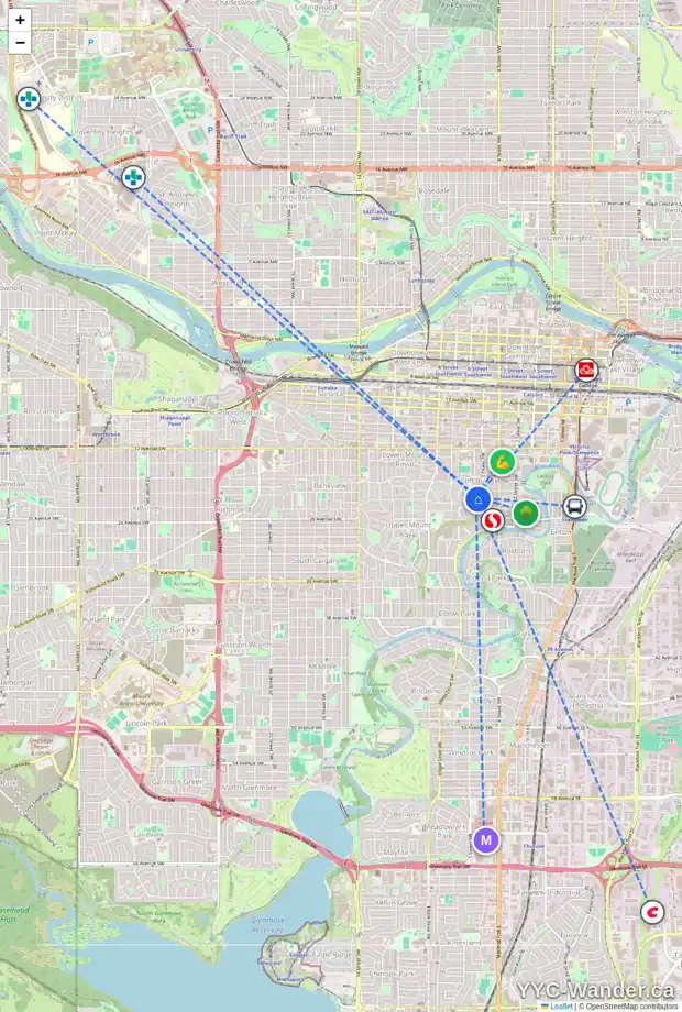 Daily accessibility map for 620 23 AV SW, Calgary showing nearby schools, grocery stores, parks, LRT stations and nearby amenities