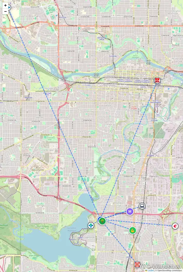 Daily accessibility map for 1324 KELOWNA CR SW, Calgary showing nearby schools, grocery stores, parks, LRT stations and nearby amenities