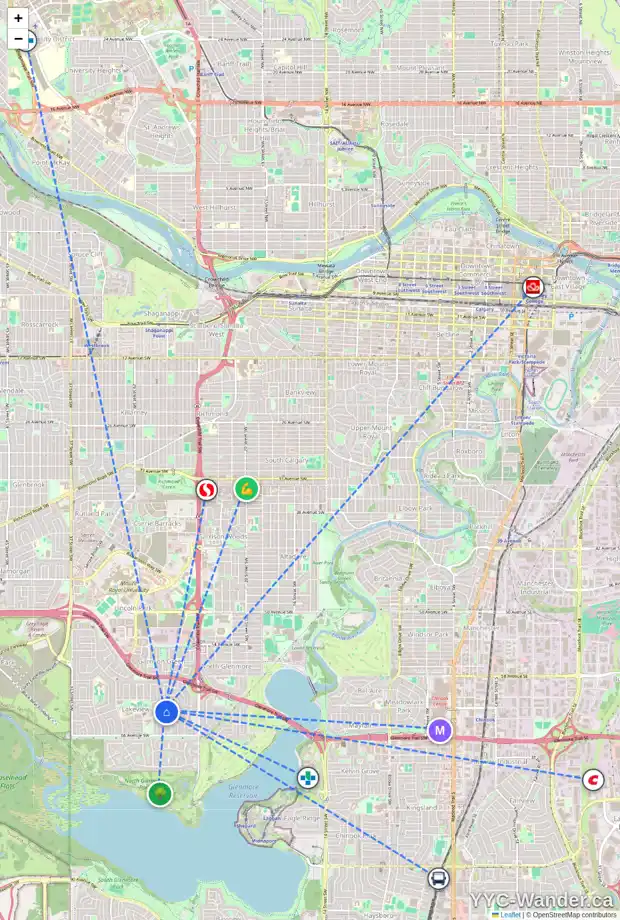 Daily accessibility map for 2819 63 AV SW, Calgary showing nearby schools, grocery stores, parks, LRT stations and nearby amenities
