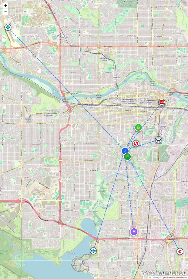 Daily accessibility map for 3014 GLENCOE RD SW, Calgary showing nearby schools, grocery stores, parks, LRT stations and nearby amenities