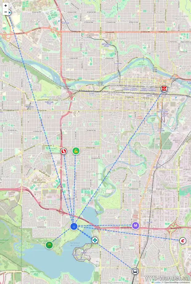 Daily accessibility map for 6515 LAURENTIAN WY SW, Calgary showing nearby schools, grocery stores, parks, LRT stations and nearby amenities