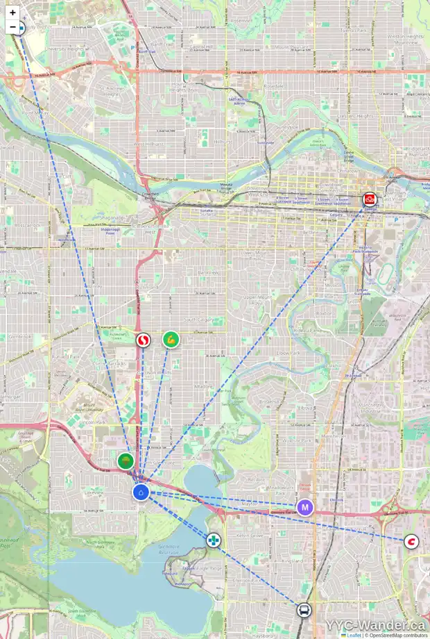 Daily accessibility map for 6320 CROWCHILD TR SW, Calgary showing nearby schools, grocery stores, parks, LRT stations and nearby amenities