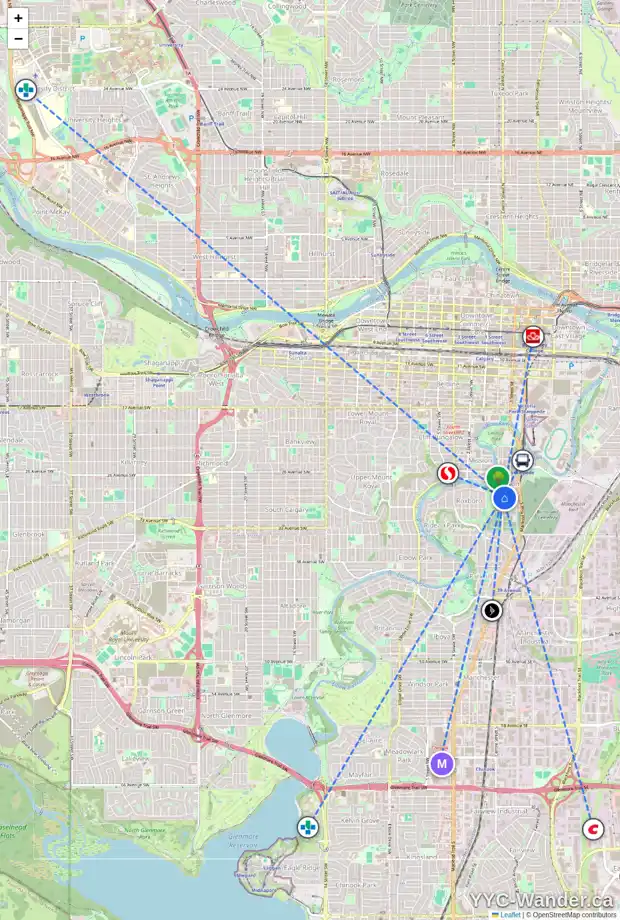 Daily accessibility map for 2805 ERLTON ST SW, Calgary showing nearby schools, grocery stores, parks, LRT stations and nearby amenities