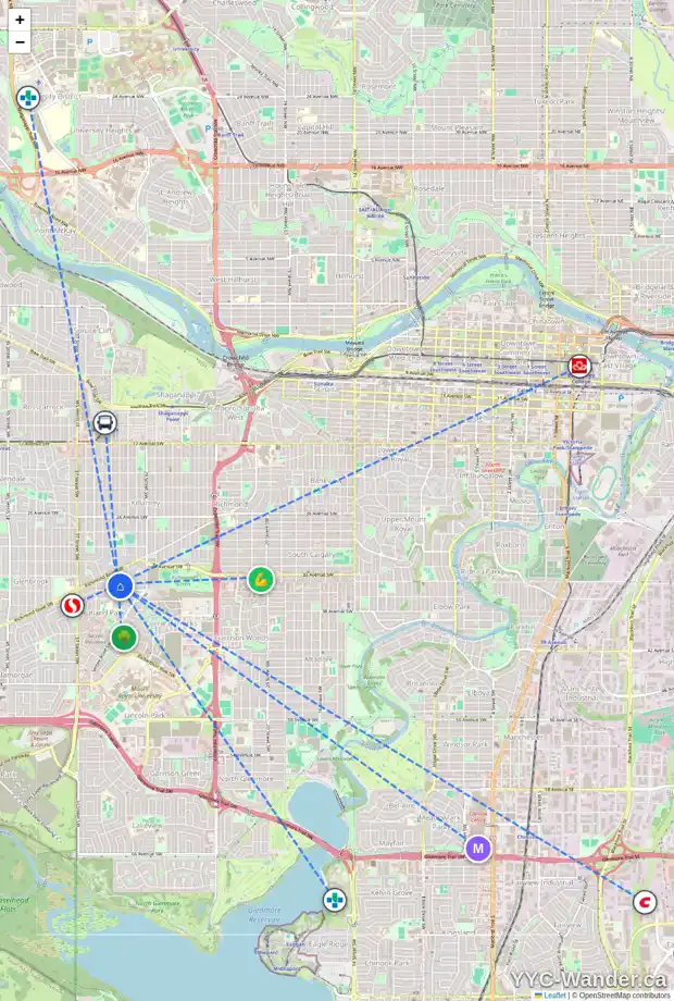 Daily accessibility map for 3327 34 AV SW, Calgary showing nearby schools, grocery stores, parks, LRT stations and nearby amenities